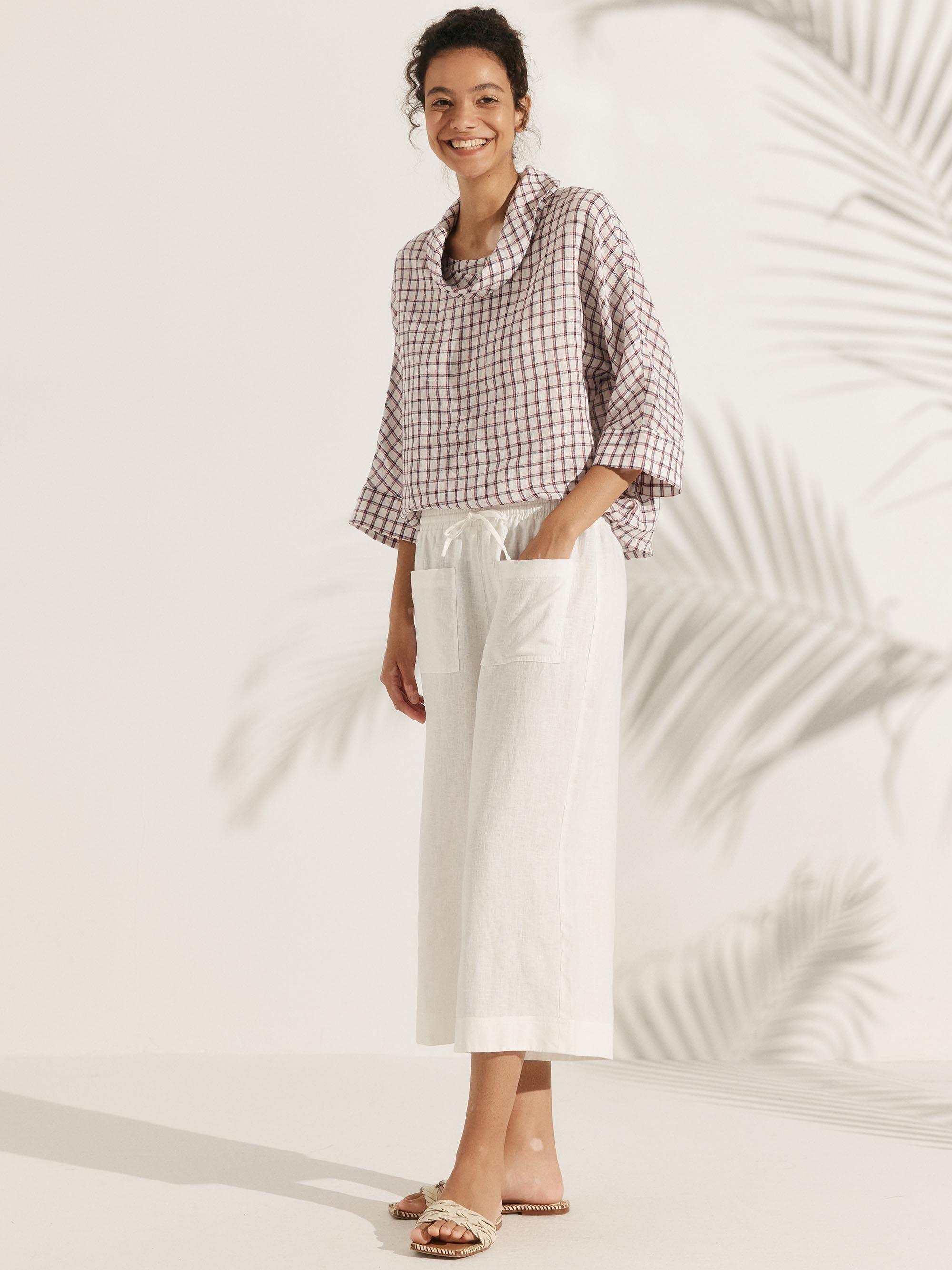 Linen-Cotton Dropped Collar Long-Sleeve Top TRISTAN