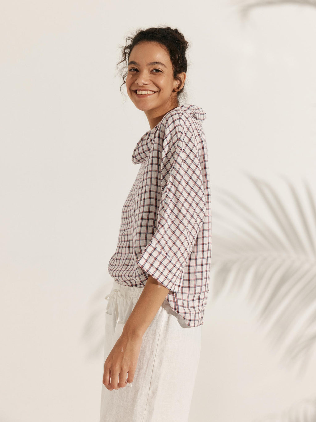 Linen-Cotton Dropped Collar Long-Sleeve Top TRISTAN