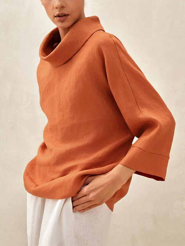 Linen-Cotton Dropped Collar Long-Sleeve Top TRISTAN