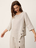 100% Linen Asymmetric-Hem Button-Trim Top NYLA