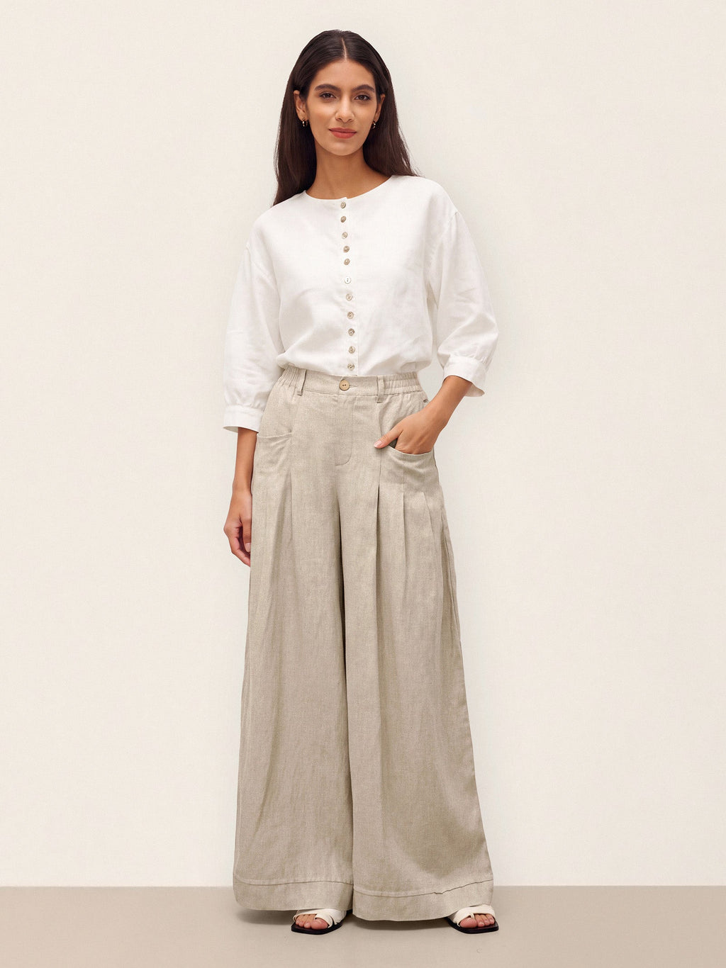 100% Linen Button-Front Drop Shoulder Shirt EASTER