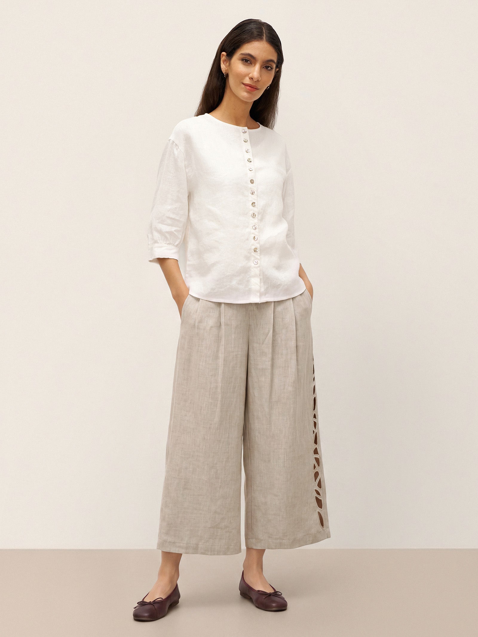 100% Linen Button-Front Drop Shoulder Shirt EASTER