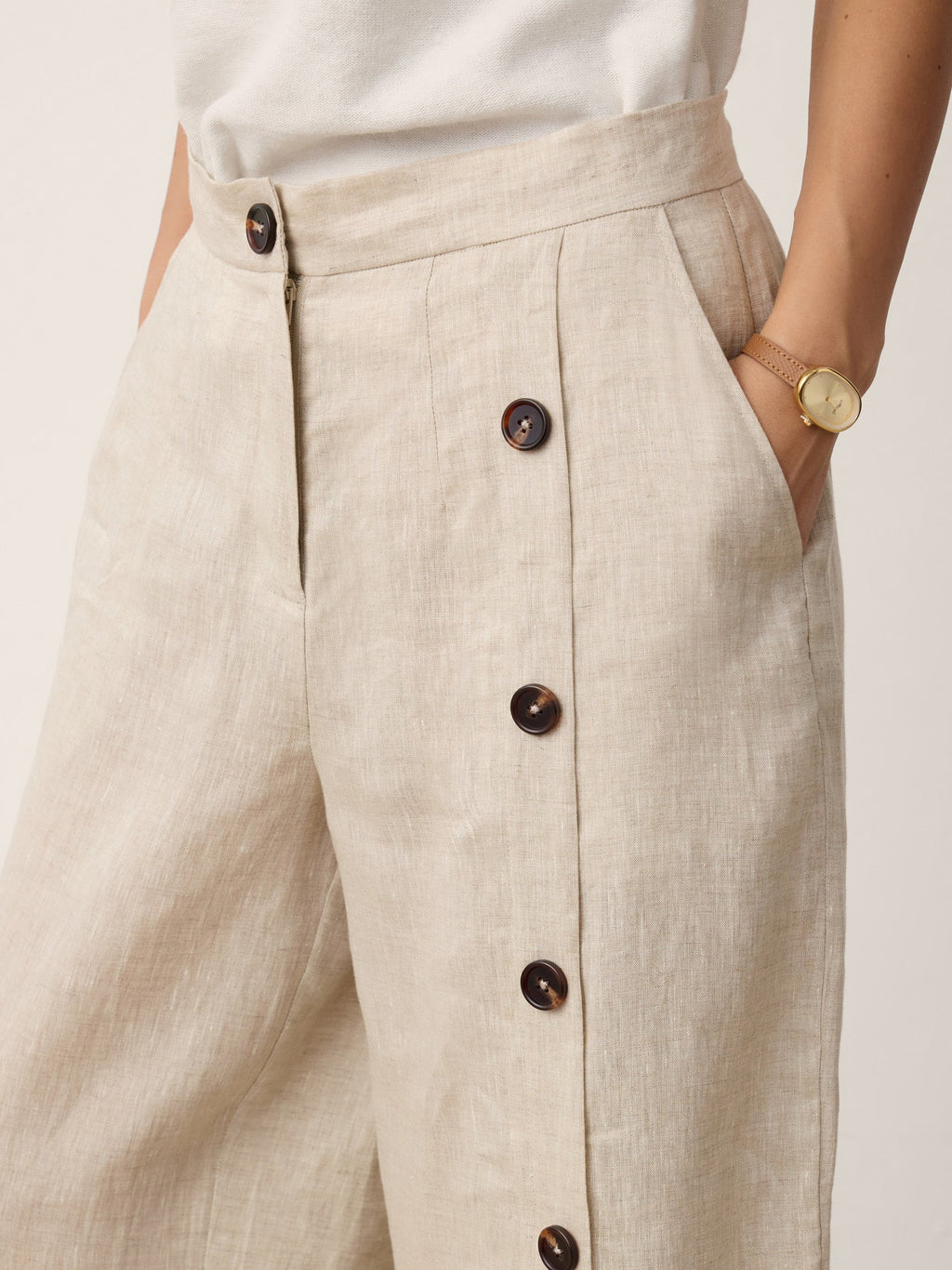 100% Linen Buttoned Slit-Hem Pants KATYA