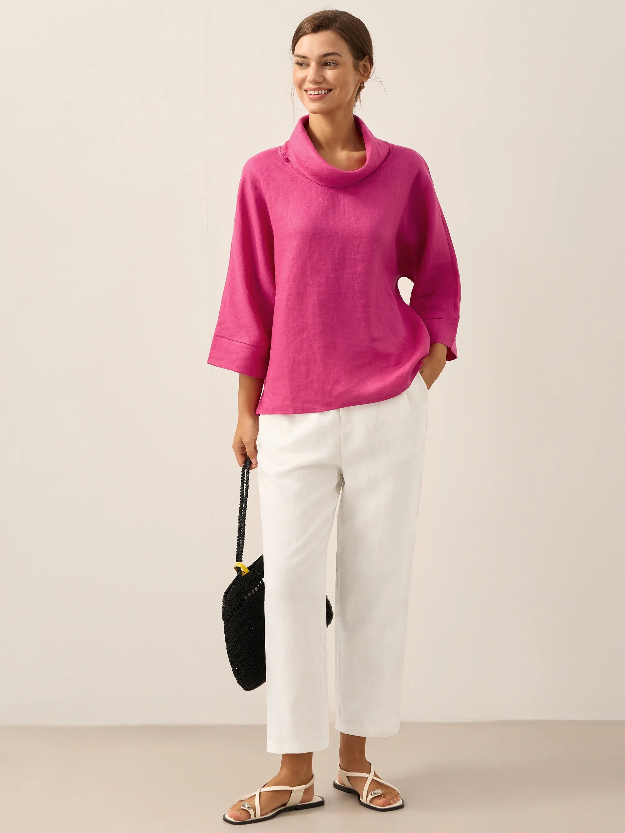 Linen-Cotton Dropped Collar Long-Sleeve Top TRISTAN