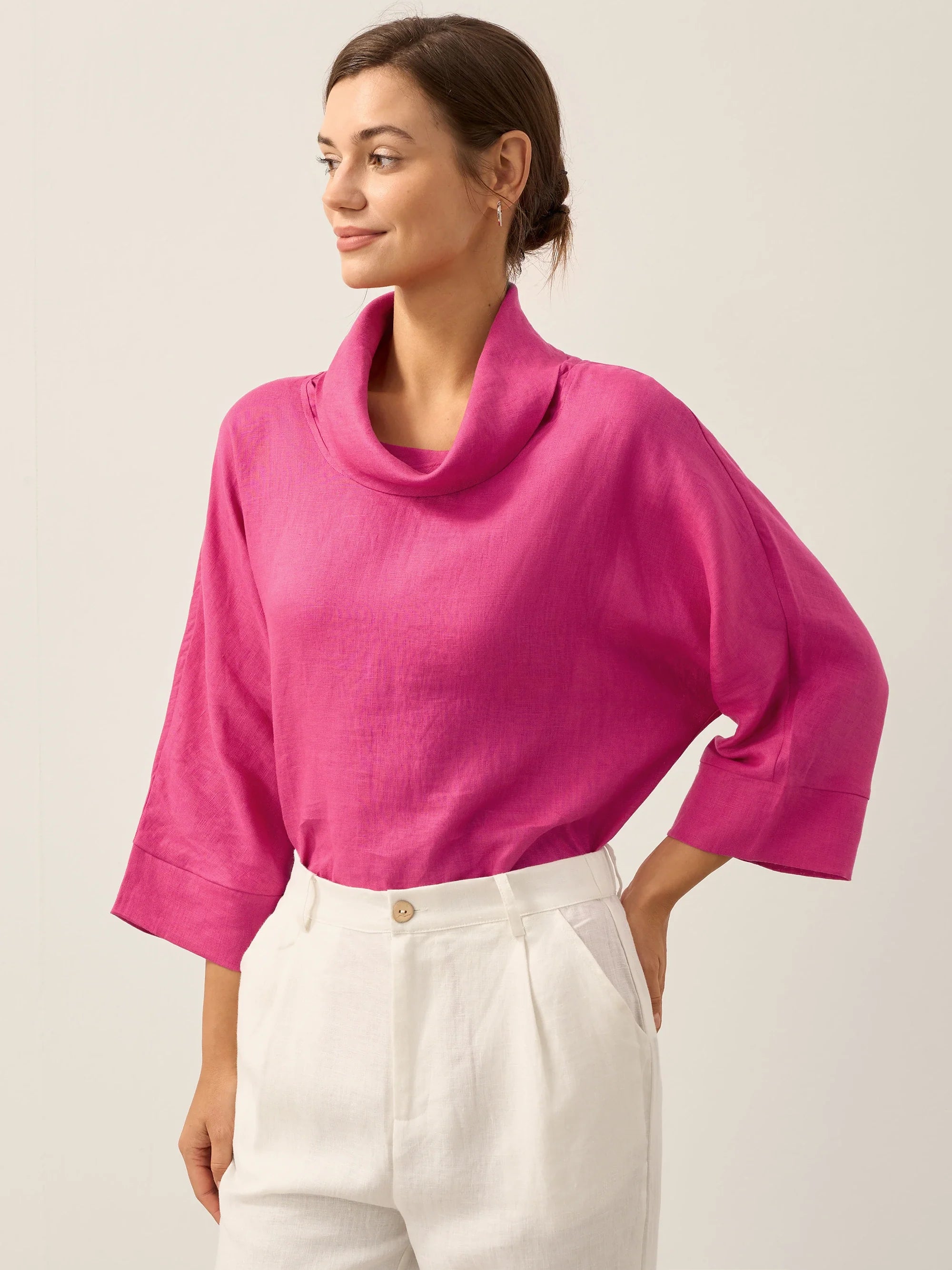 Linen-Cotton Dropped Collar Long-Sleeve Top TRISTAN
