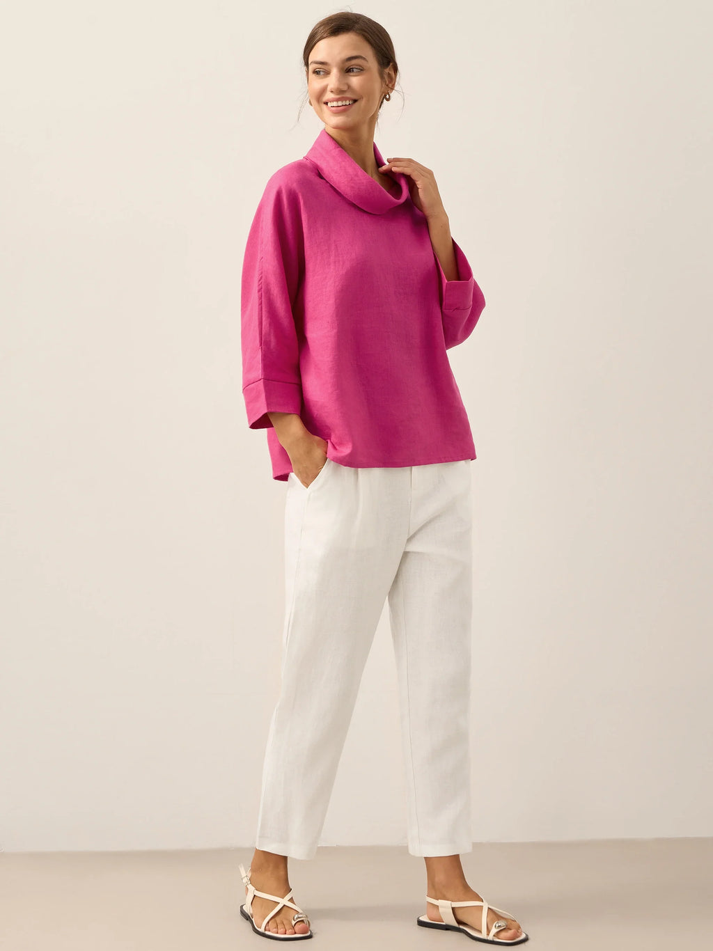 Linen-Cotton Dropped Collar Long-Sleeve Top TRISTAN