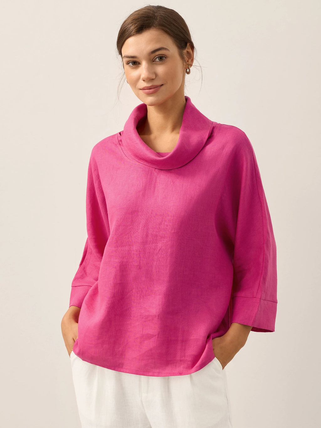 Linen-Cotton Dropped Collar Long-Sleeve Top TRISTAN