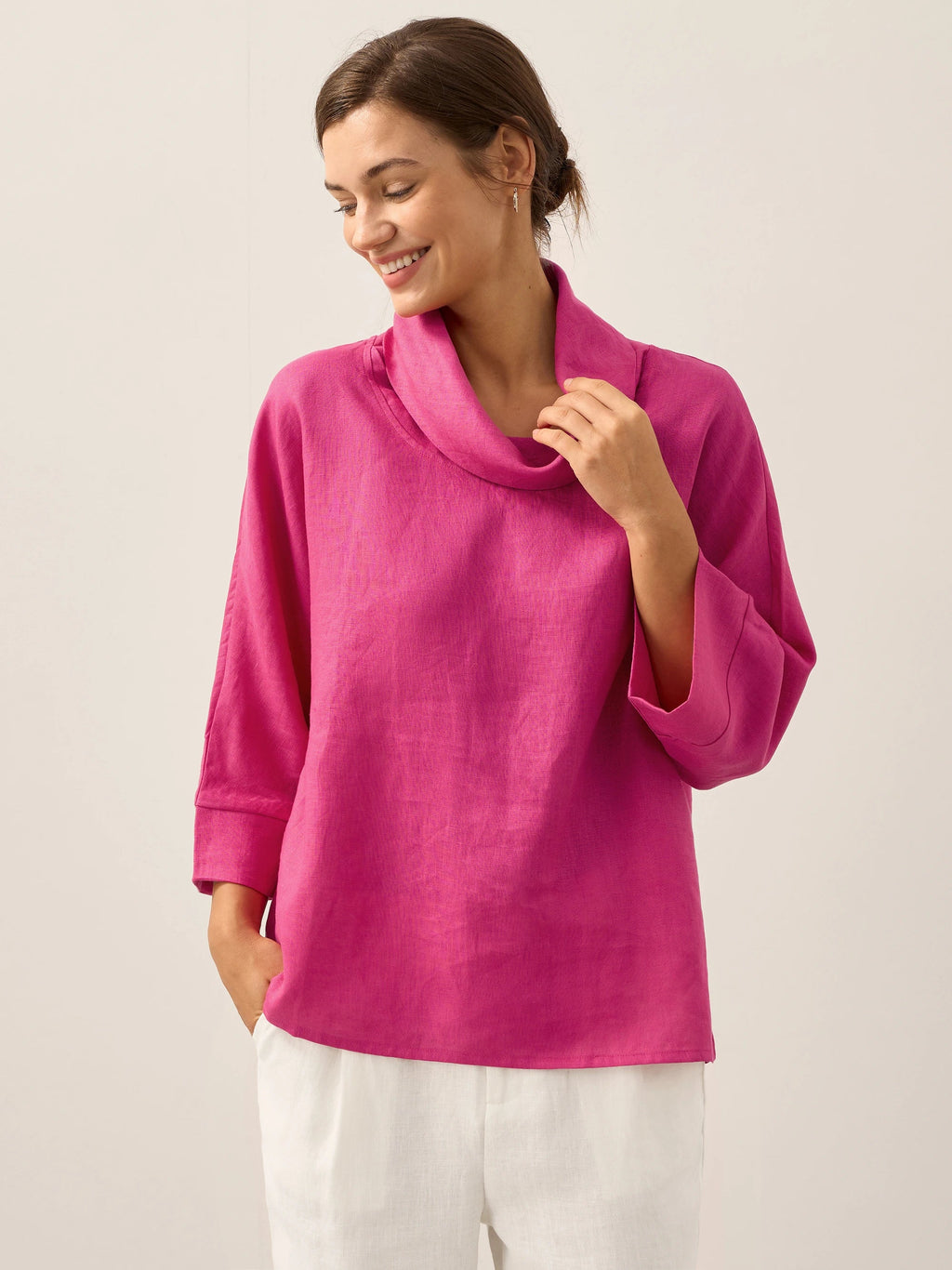 Linen-Cotton Dropped Collar Long-Sleeve Top TRISTAN