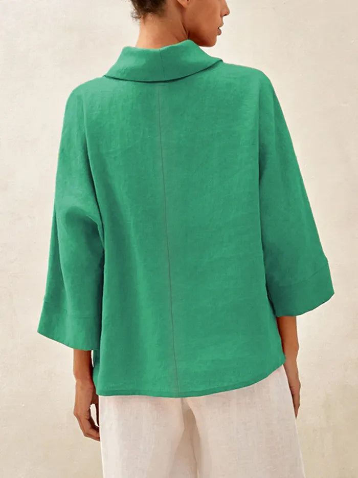 Linen-Cotton Dropped Collar Long-Sleeve Top TRISTAN
