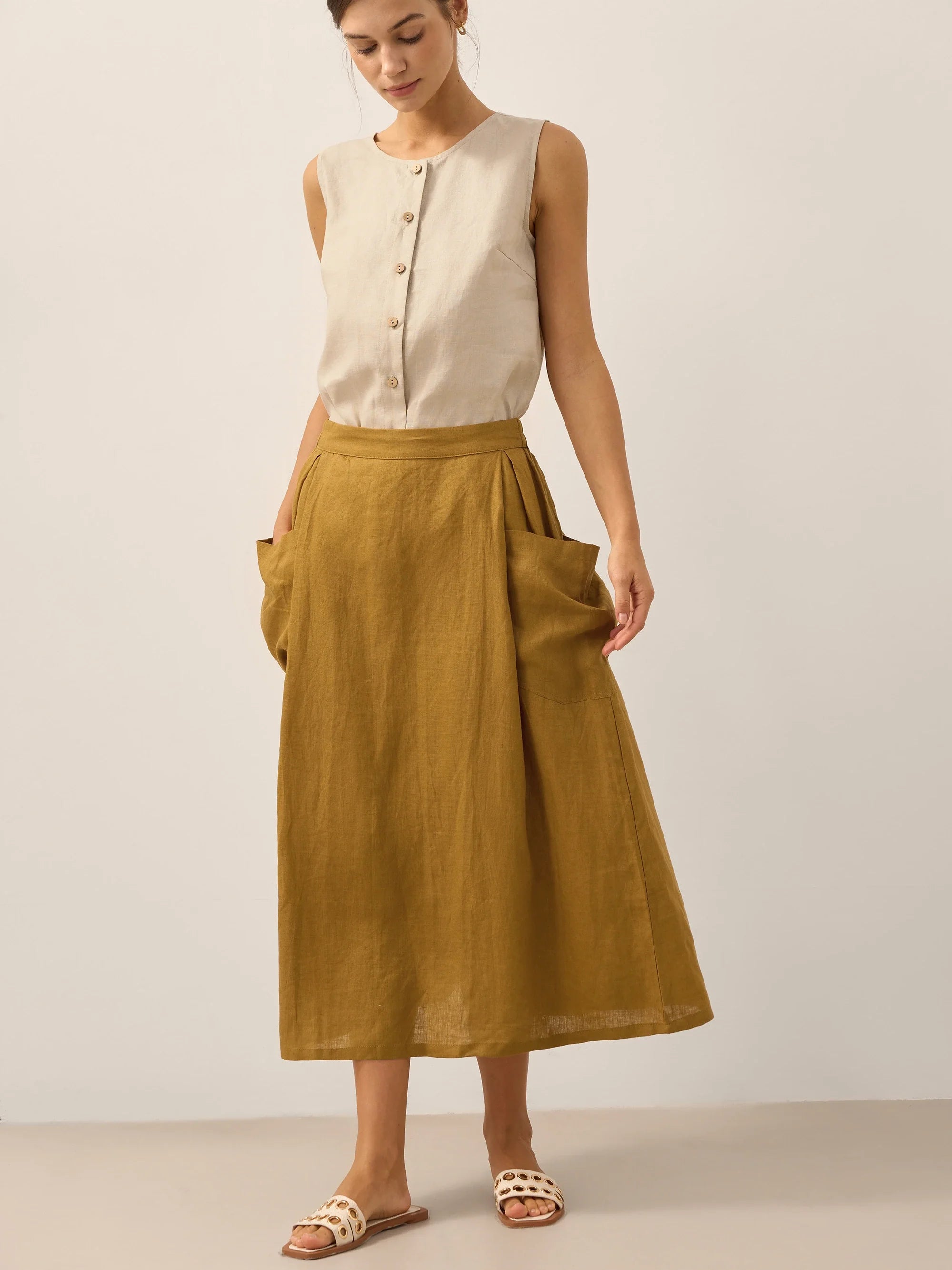 Linen-Cotton Elastic Waist Skirt MARINA