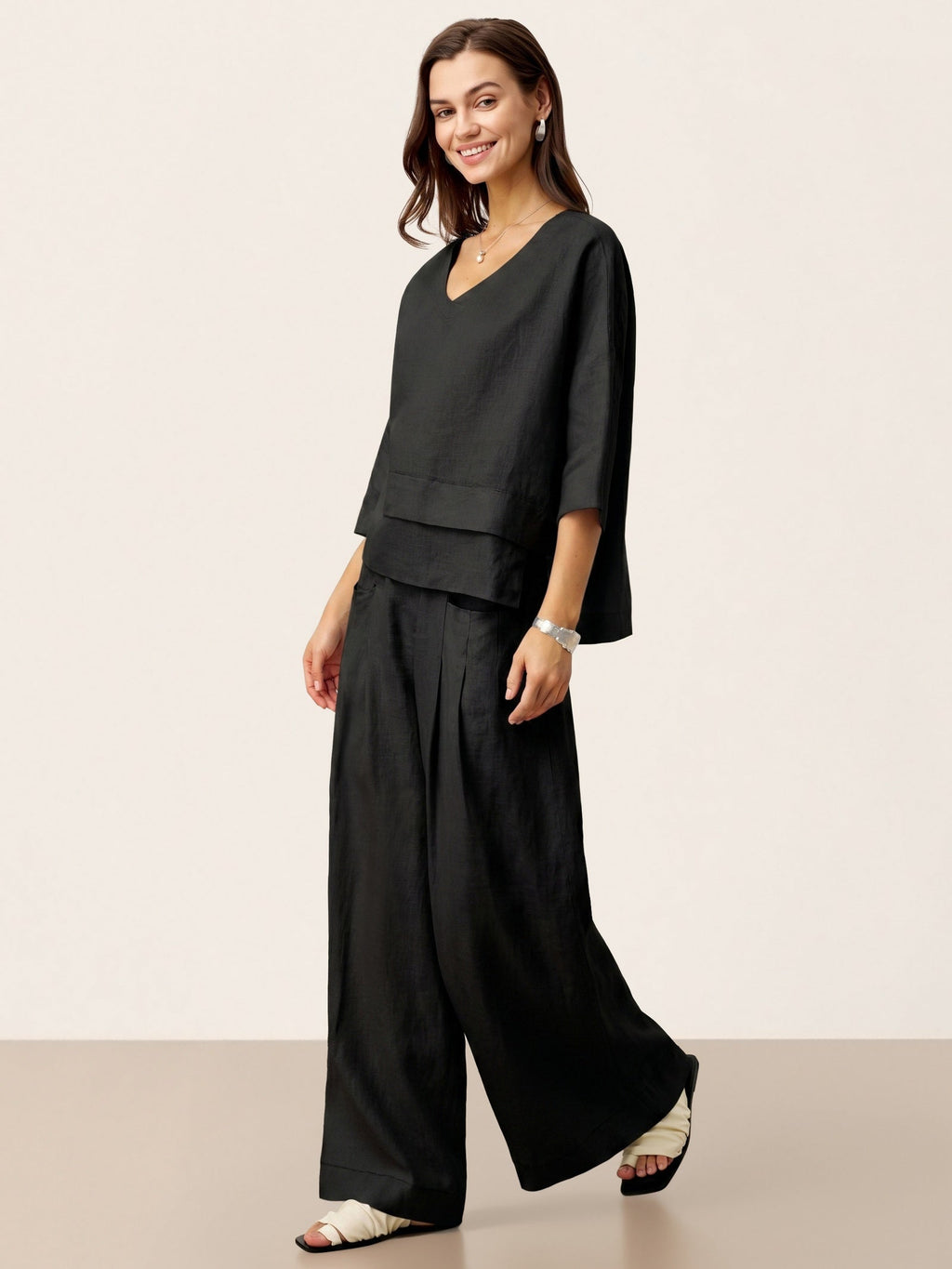 100% Linen Sculpted Pleat Elasticated Back Relaxed Pants VERIDIANA