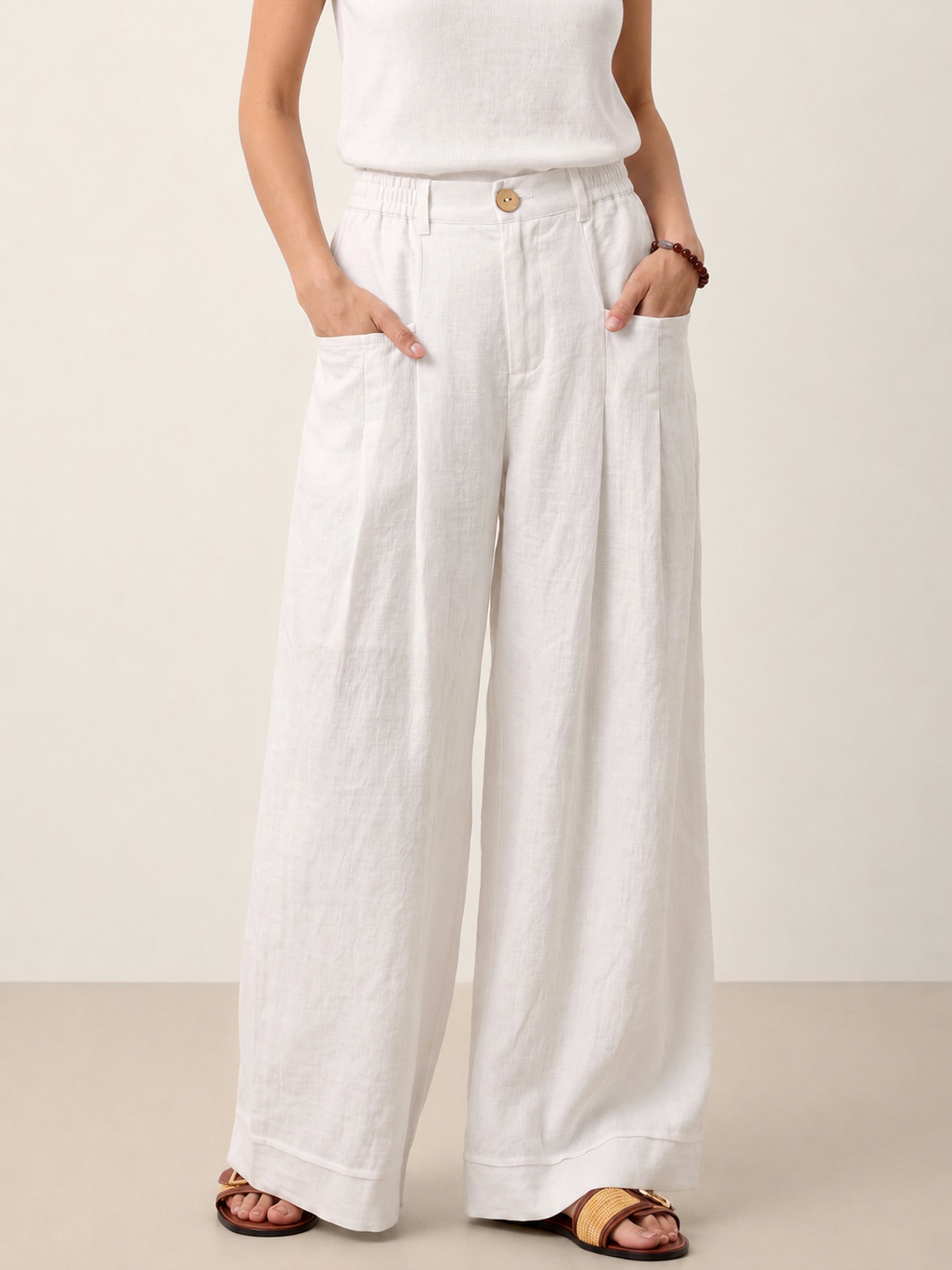 100% Linen Sculpted Pleat Elasticated Back Relaxed Pants VERIDIANA