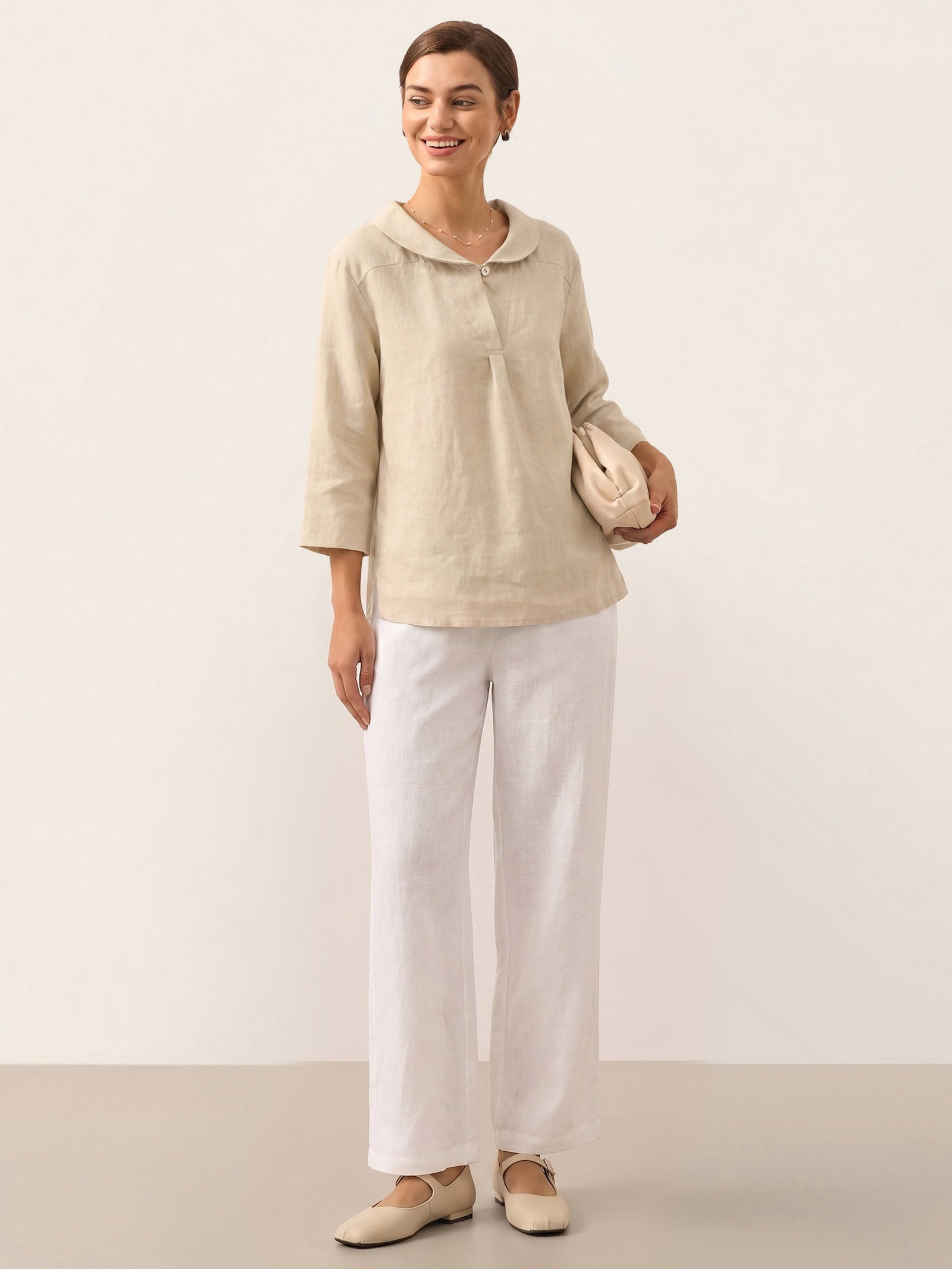 100% Linen Shawl V-Neck Half Sleeve Top JADE