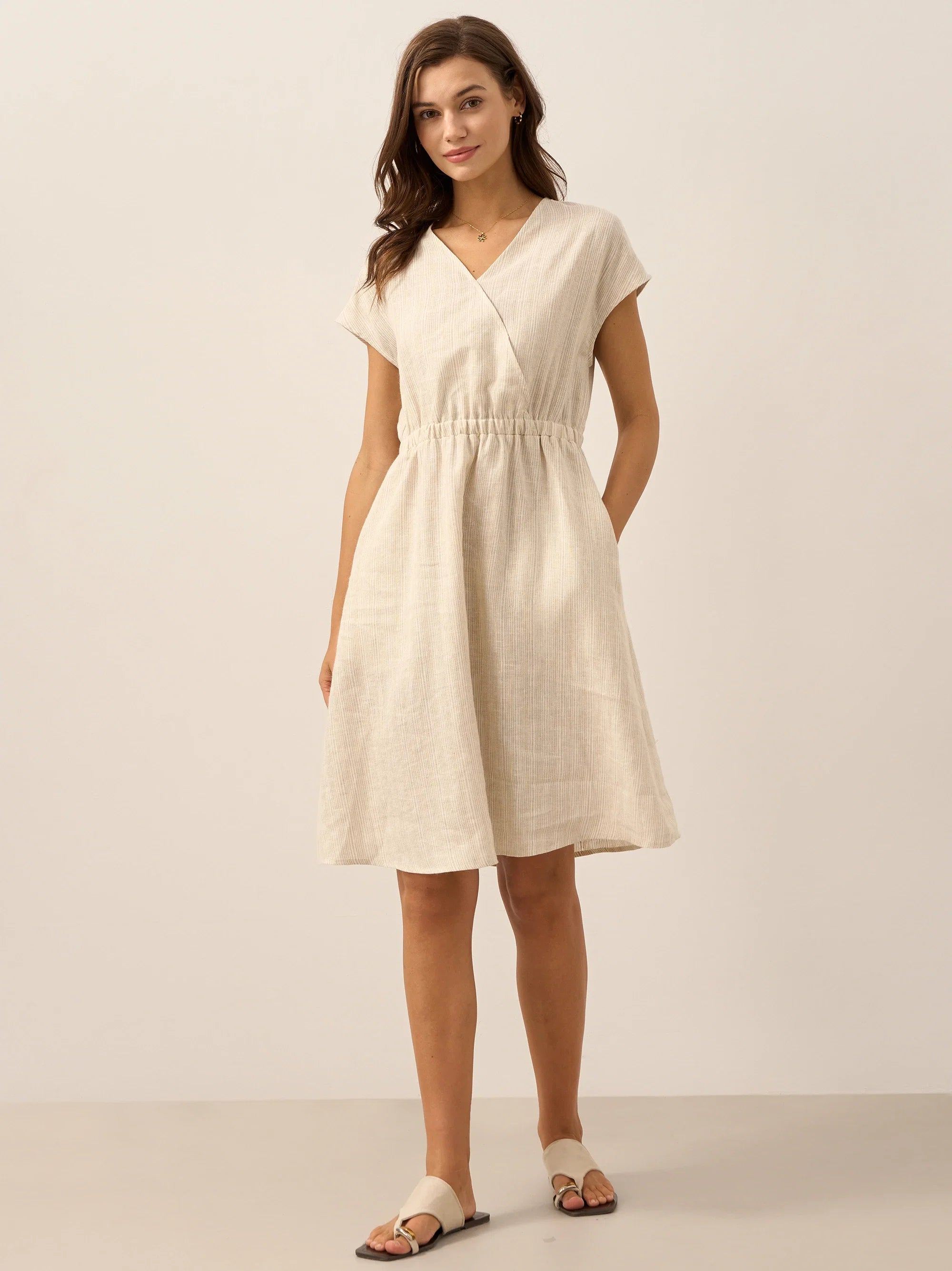 100% Linen Striped Elastic-Waist Mini Dress ARIA