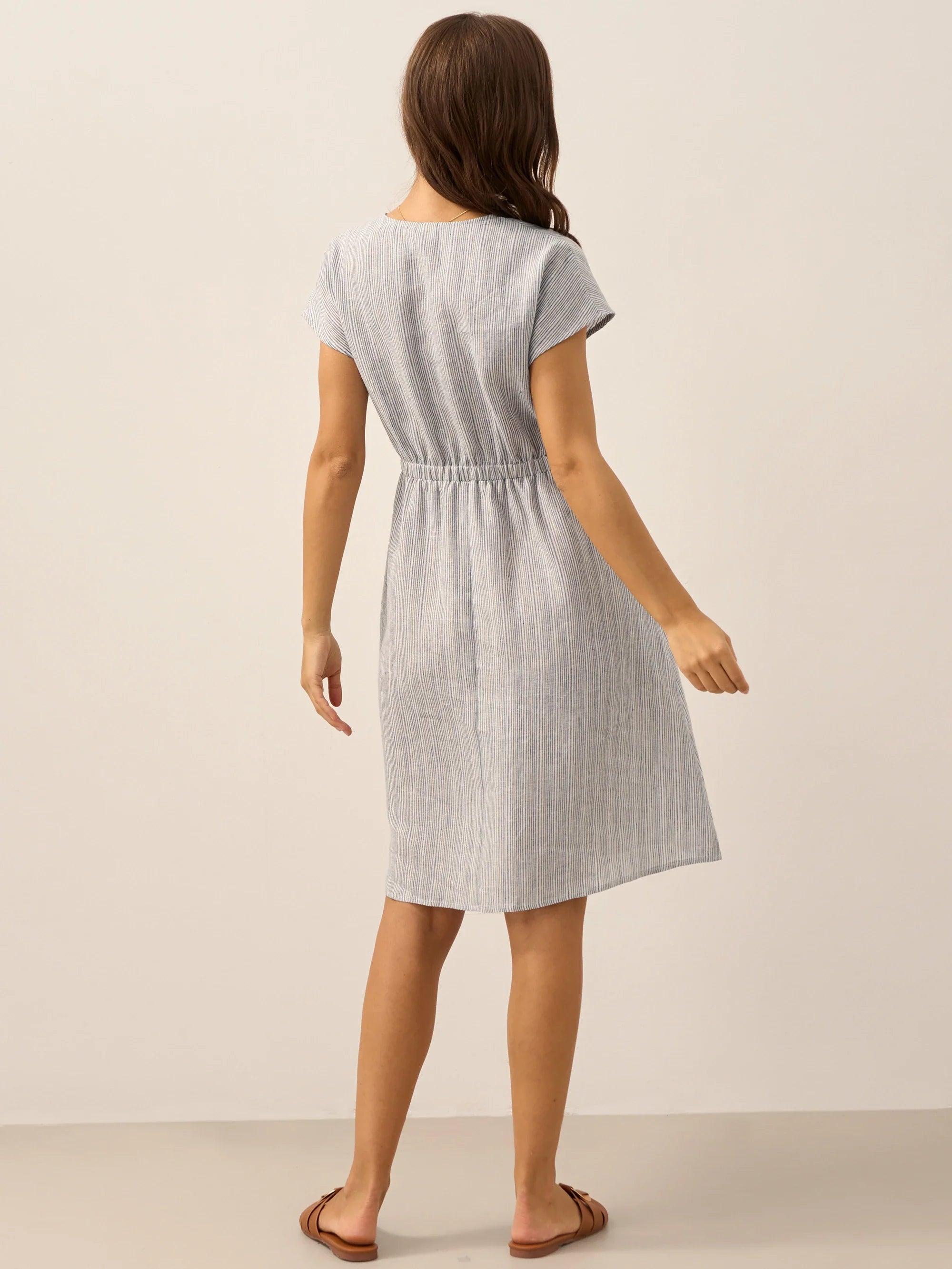 100% Linen Striped Elastic-Waist Mini Dress ARIA