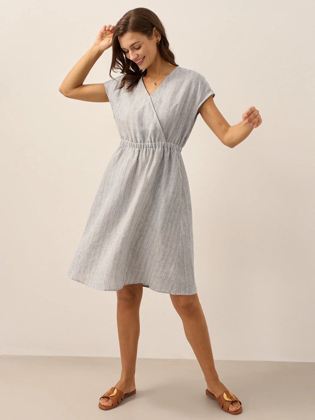 100% Linen Striped Elastic-Waist Mini Dress ARIA