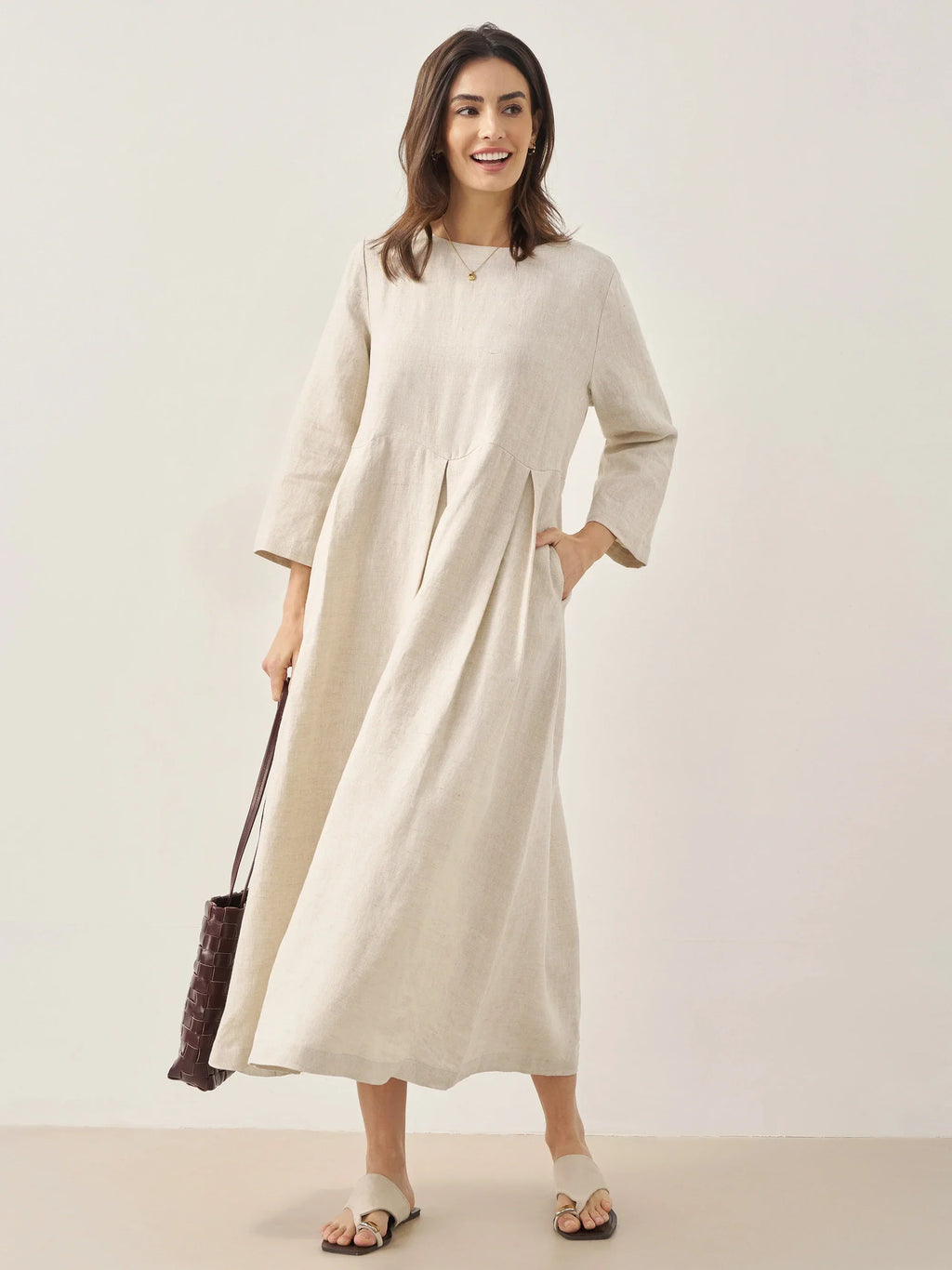 100% Linen Bateau Neck Pleated Midi Dress ABIGAIL