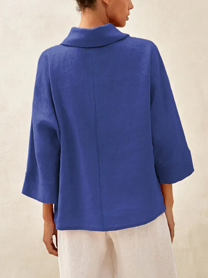 Linen-Cotton Dropped Collar Long-Sleeve Top TRISTAN
