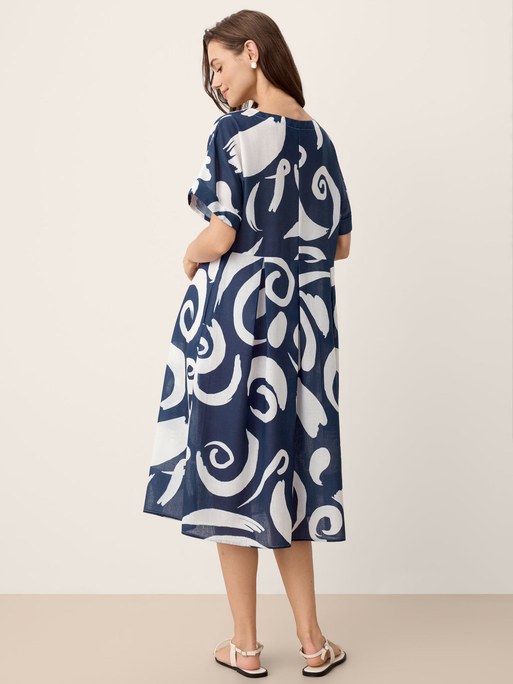 Linen Abstract-Print Pleated-Waist Midi Dress PRIYA