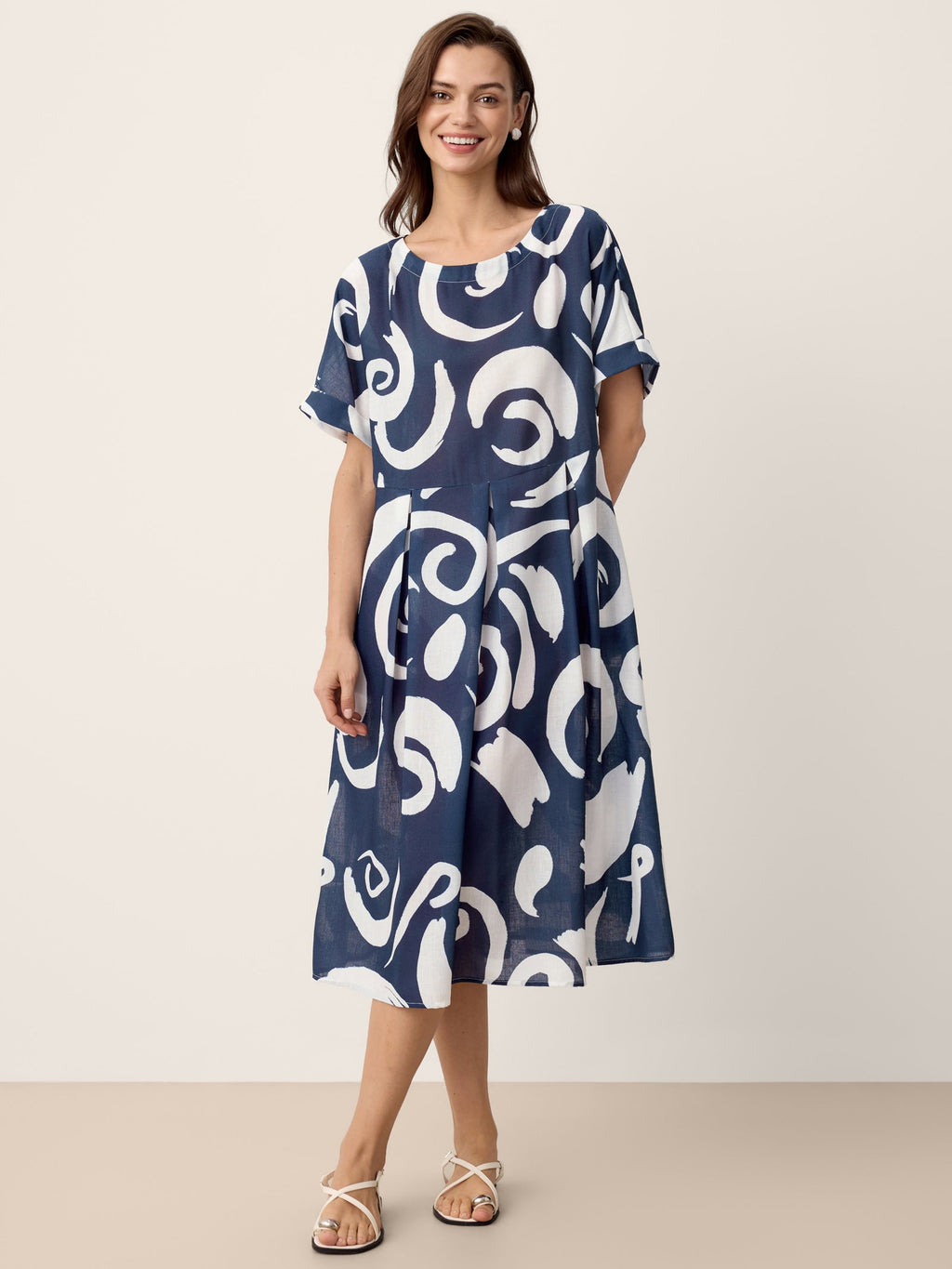 Linen Abstract-Print Pleated-Waist Midi Dress PRIYA