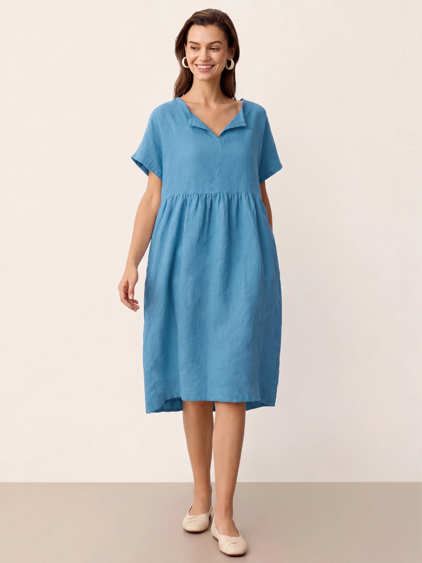Linen Gathered-Hem Split-Neck Mini Dress SYDNEY