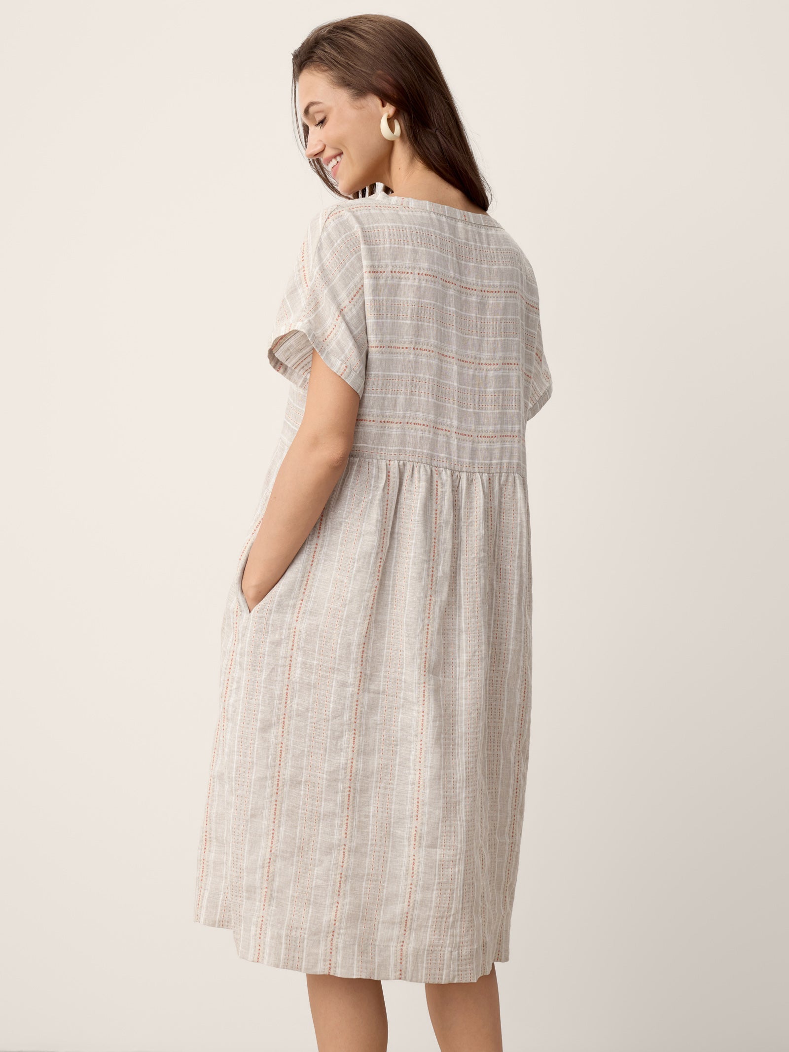Linen Gathered-Hem Split-Neck Mini Dress SYDNEY