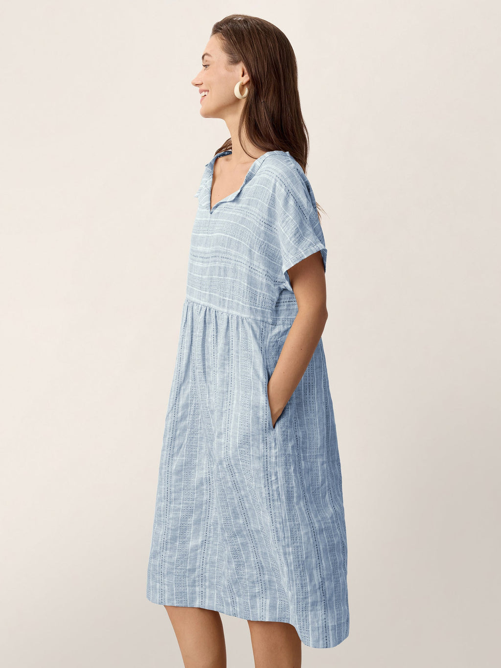 Linen Gathered-Hem Split-Neck Mini Dress SYDNEY