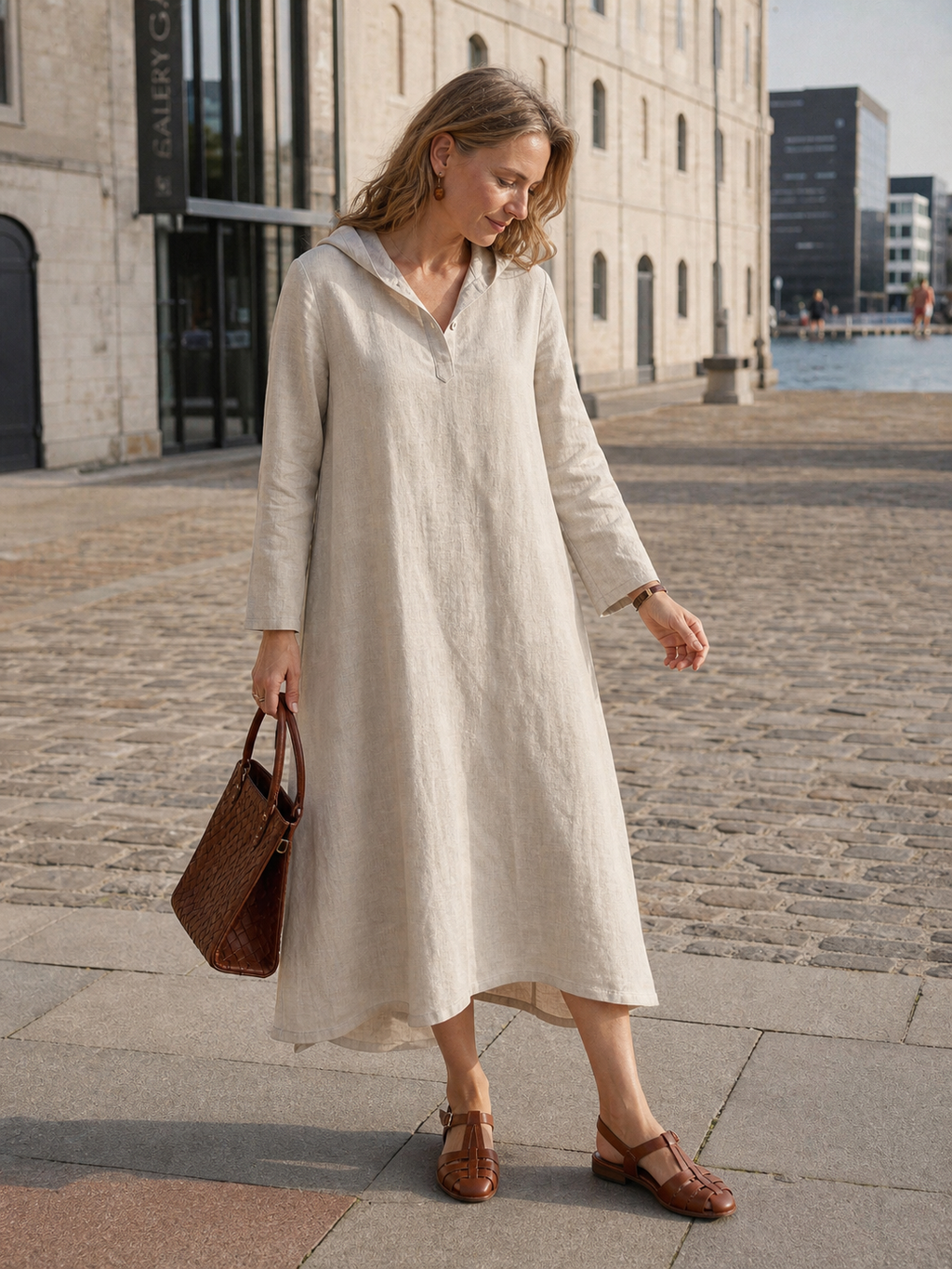100% Linen Hooded Pullover Maxi Dress REBECCA