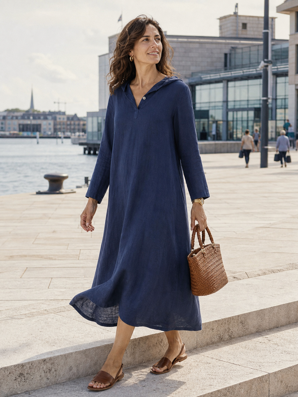 100% Linen Hooded Pullover Maxi Dress REBECCA