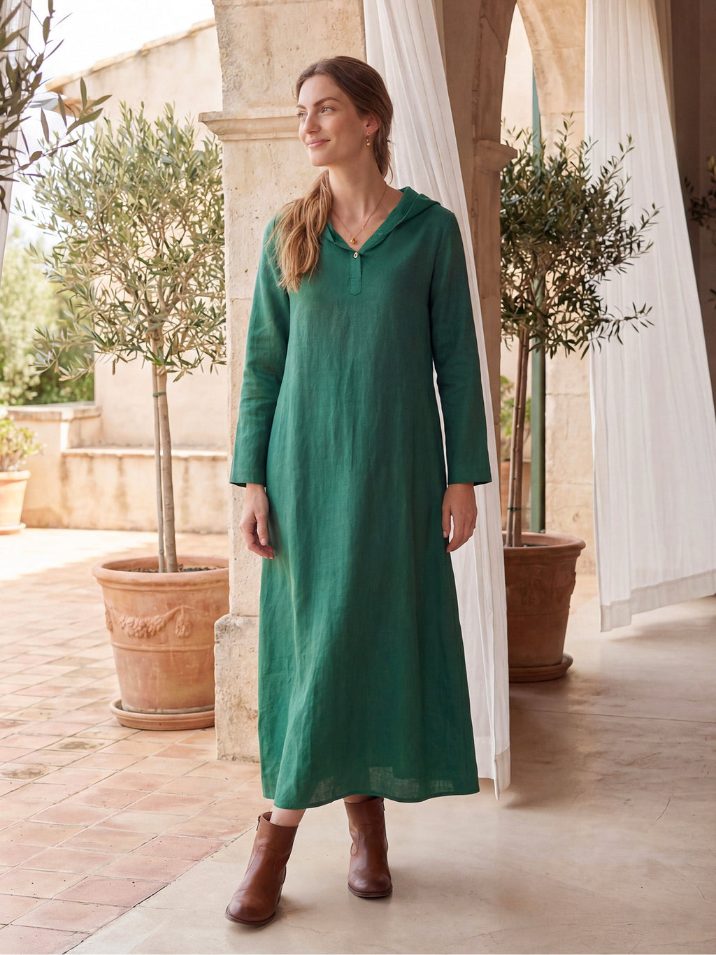100% Linen Hooded Pullover Maxi Dress REBECCA