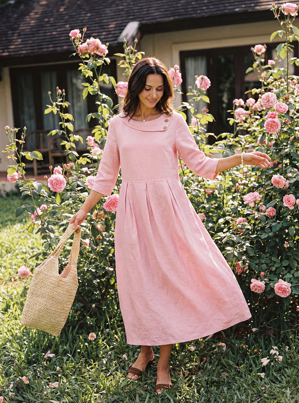 100% Linen Crescent Neck Decorative Button Waist Pleated Midi Dress GWENYTH