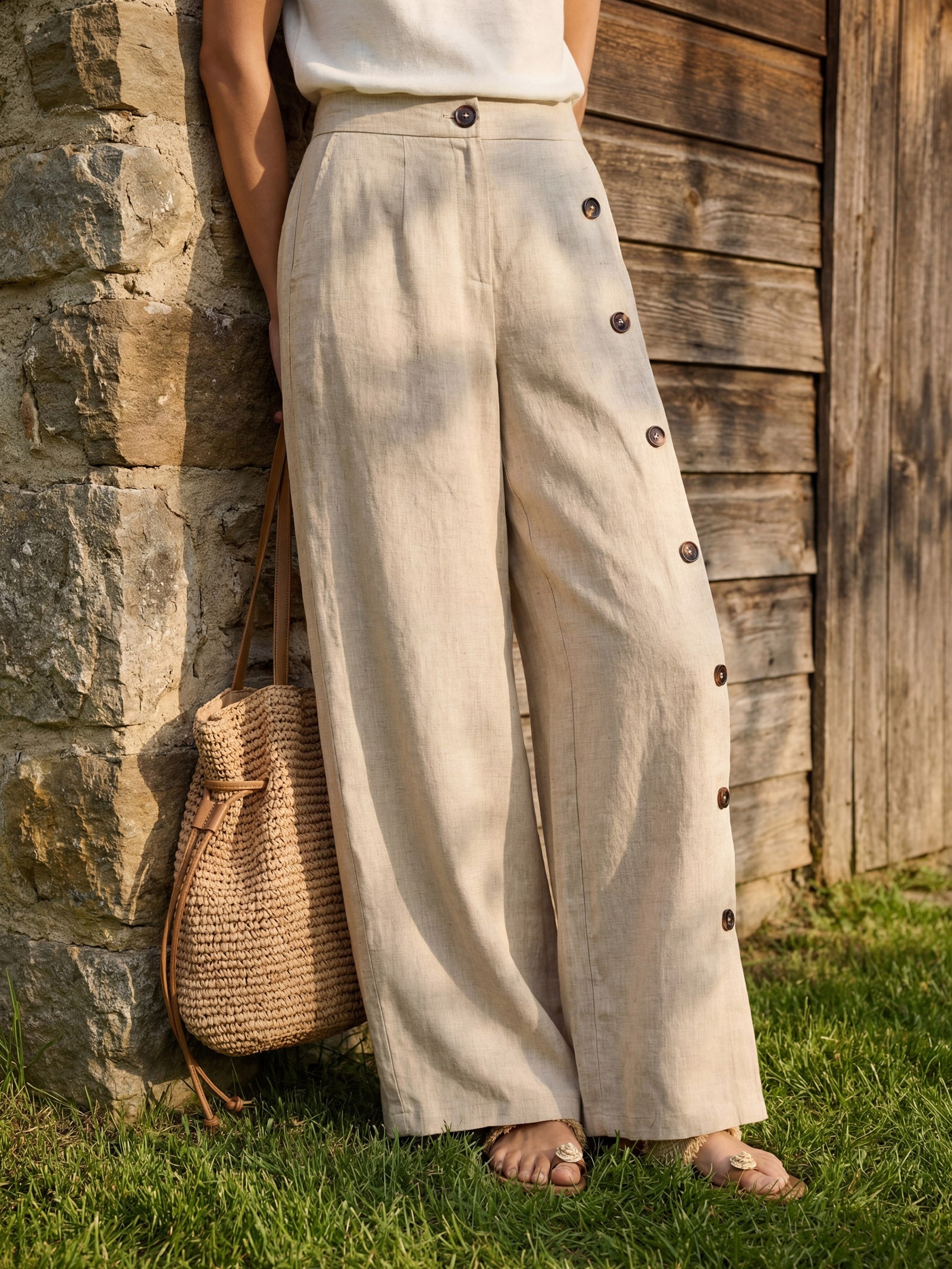 100% Linen Buttoned Slit-Hem Pants KATYA
