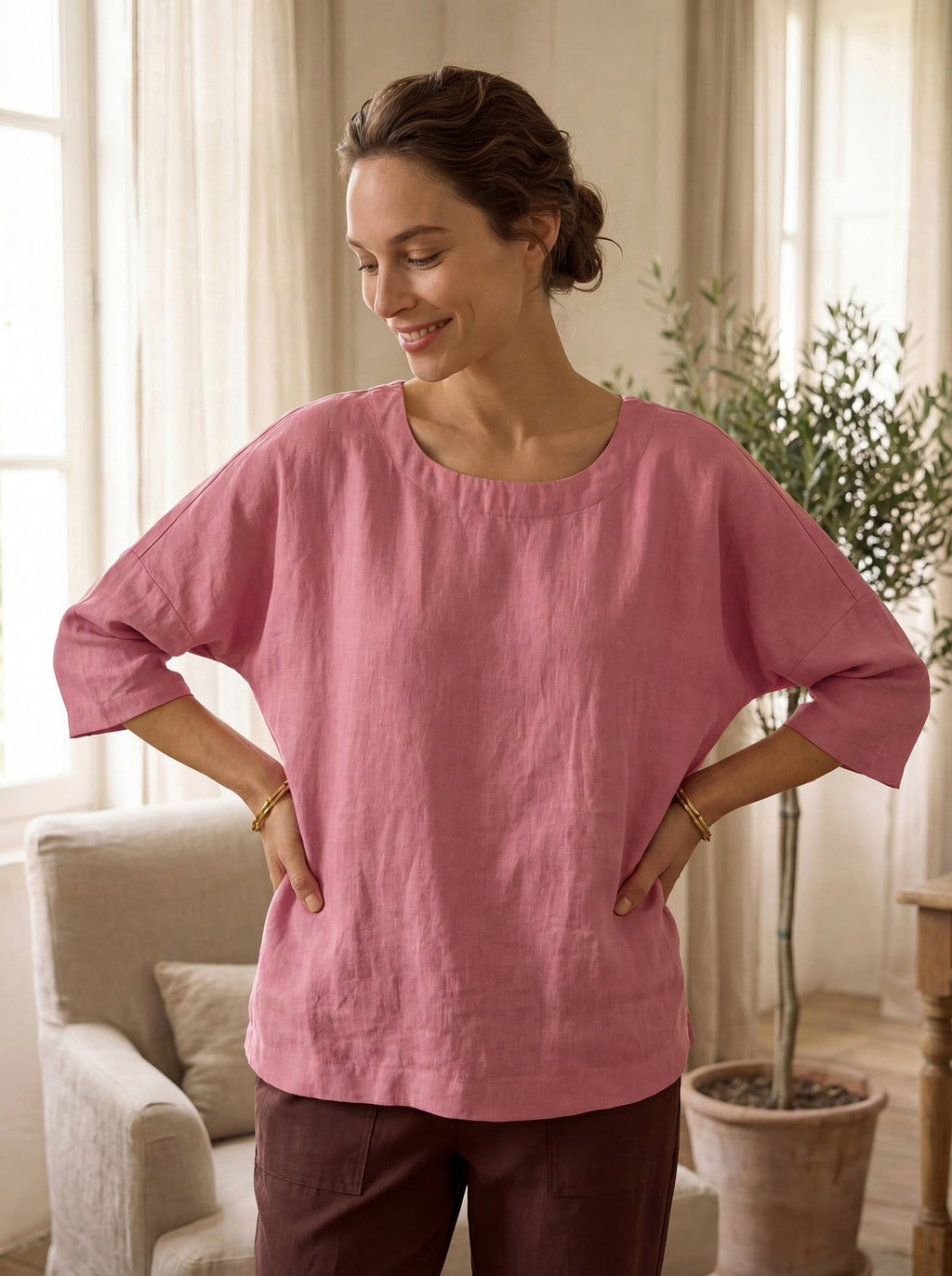 100% Linen Boatneck 3/4 Length Sleeve Top AURORA